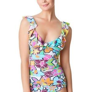 NWT Bleu by Rod Beattie Women's Color Crush Ruffled Tankini - White Multi